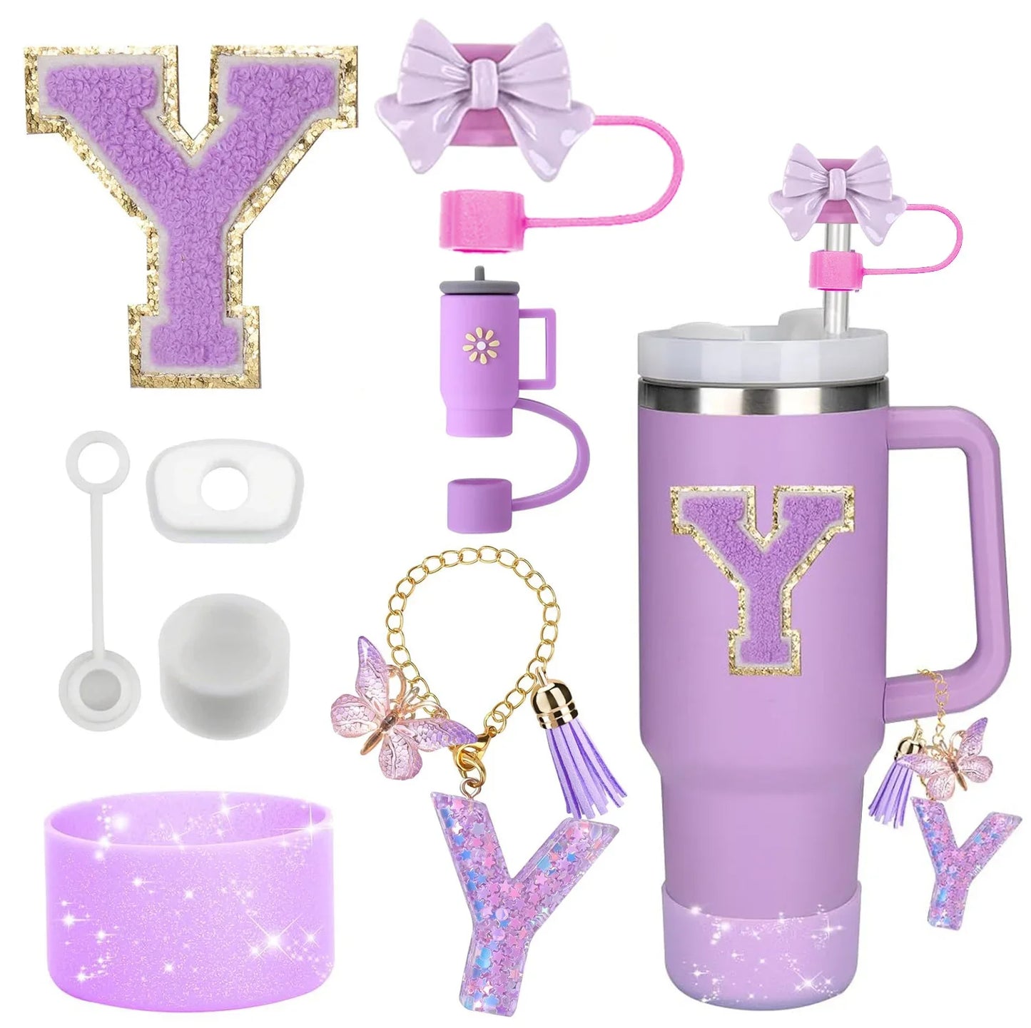 Purple Bliss 8-in-1 Stanley Cup Tumbler Accessory Set – Straw Topper, Boot, Handle, Charms & Stickers for 30oz/40oz Cups