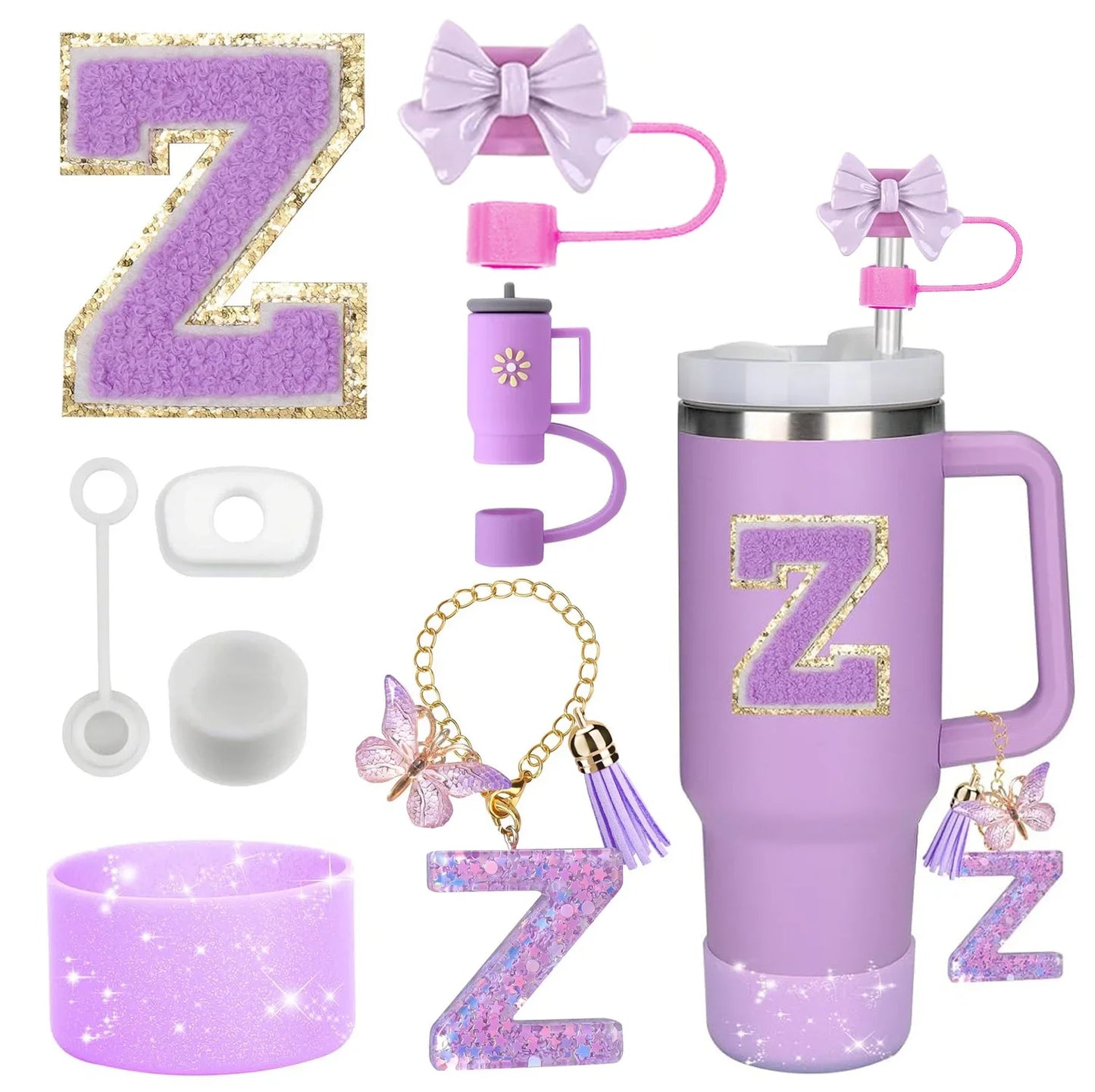 Purple Bliss 8-in-1 Stanley Cup Tumbler Accessory Set – Straw Topper, Boot, Handle, Charms & Stickers for 30oz/40oz Cups