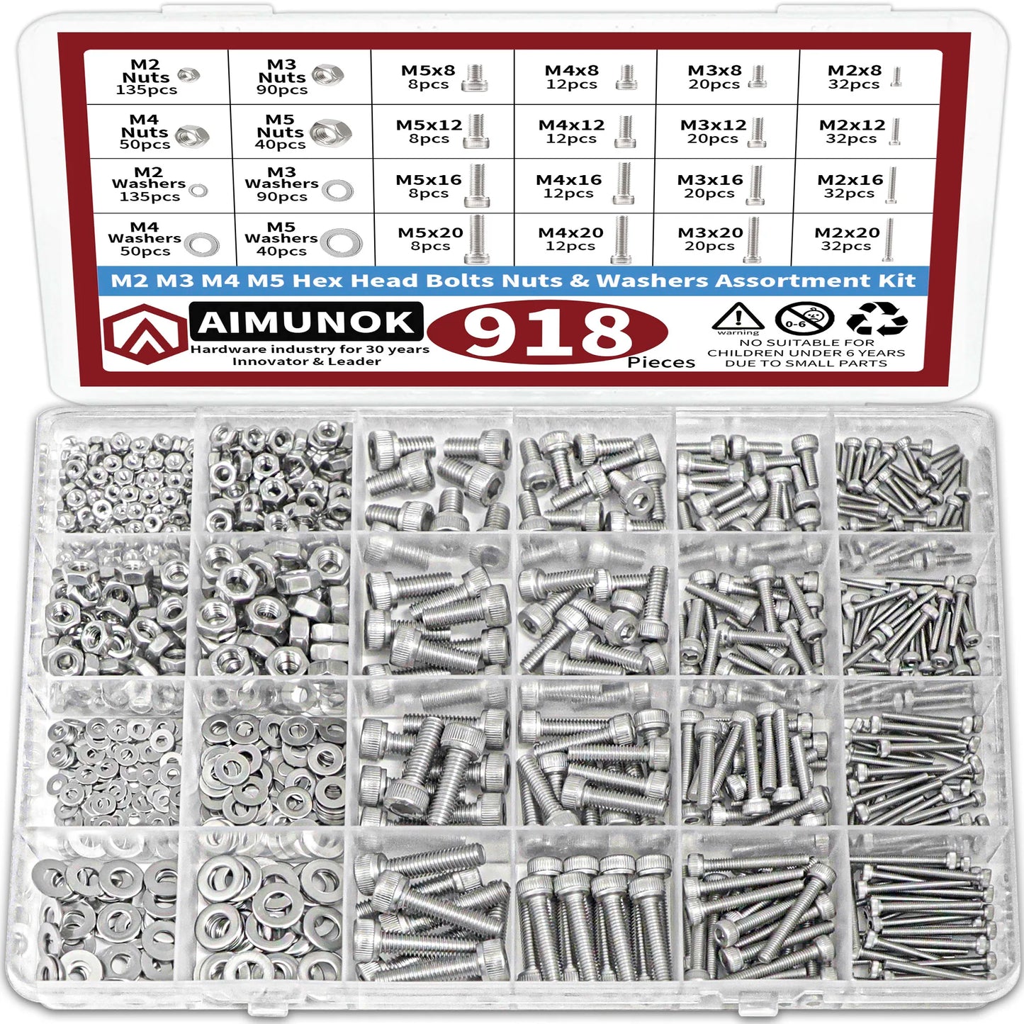 918pcs Stainless Steel Nuts & Bolts Kit – M2–M5 Hex Head Assortment Set