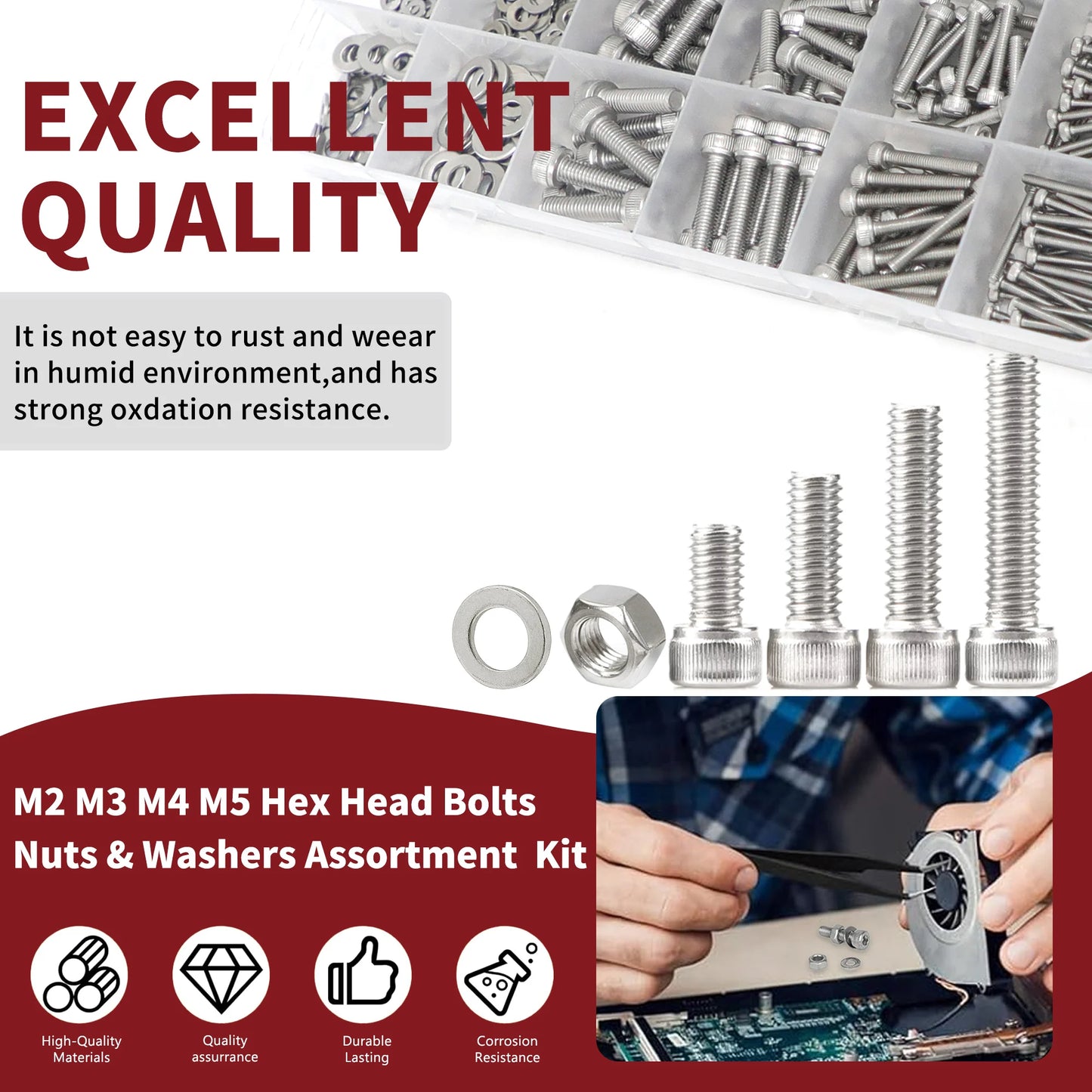 918pcs Stainless Steel Nuts & Bolts Kit – M2–M5 Hex Head Assortment Set