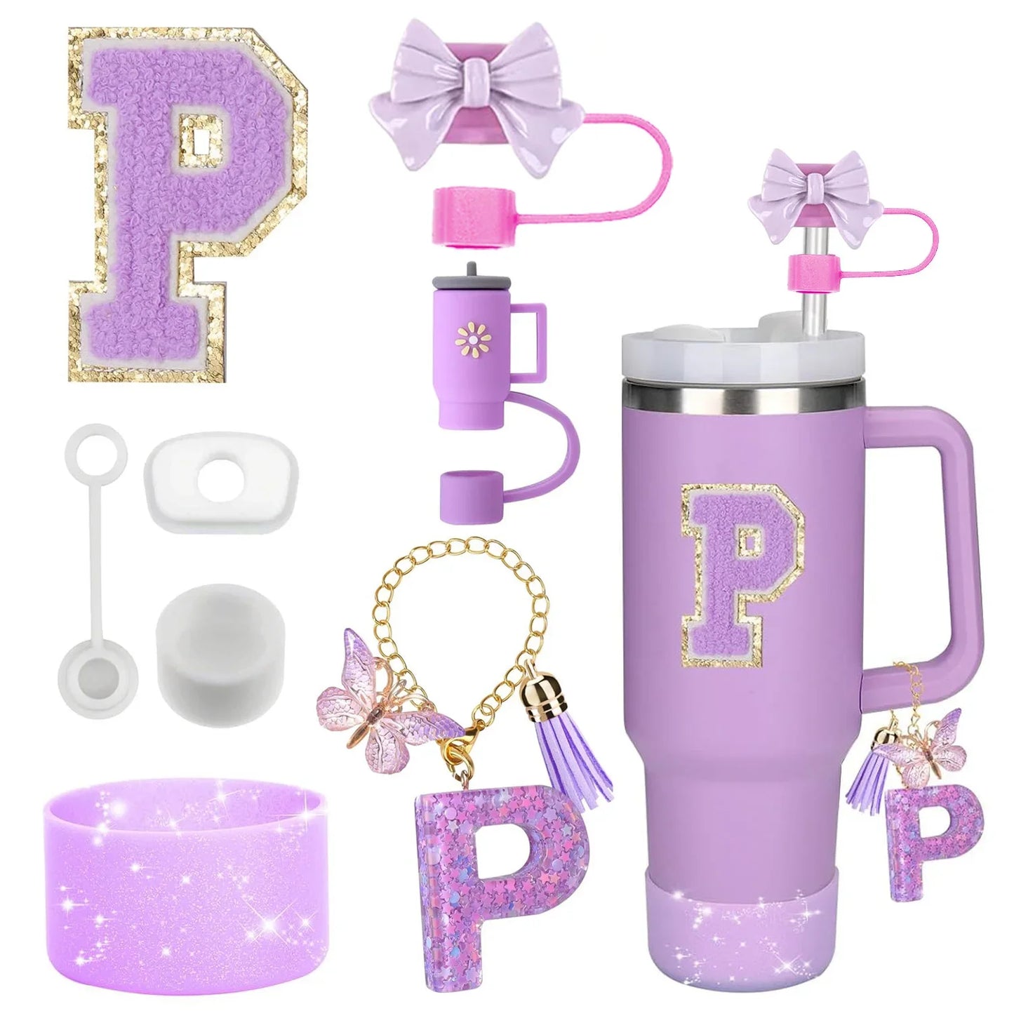 Purple Bliss 8-in-1 Stanley Cup Tumbler Accessory Set – Straw Topper, Boot, Handle, Charms & Stickers for 30oz/40oz Cups
