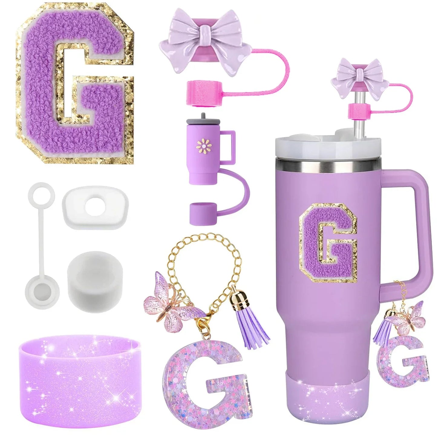 Purple Bliss 8-in-1 Stanley Cup Tumbler Accessory Set – Straw Topper, Boot, Handle, Charms & Stickers for 30oz/40oz Cups