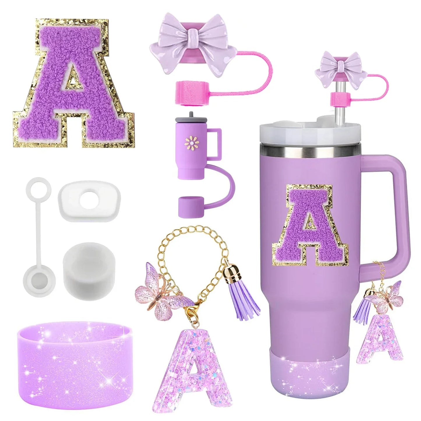 Purple Bliss 8-in-1 Stanley Cup Tumbler Accessory Set – Straw Topper, Boot, Handle, Charms & Stickers for 30oz/40oz Cups