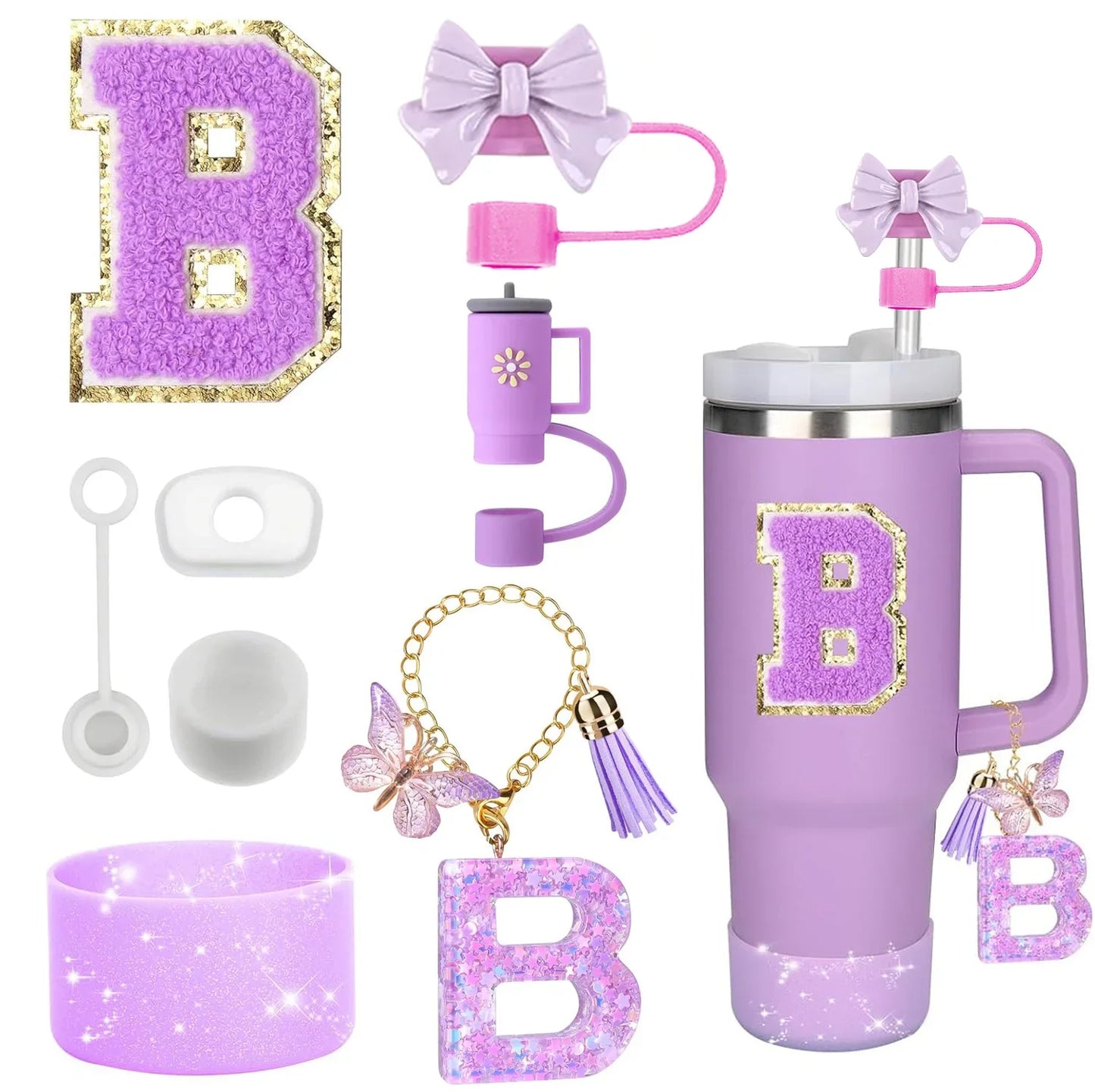 Purple Bliss 8-in-1 Stanley Cup Tumbler Accessory Set – Straw Topper, Boot, Handle, Charms & Stickers for 30oz/40oz Cups