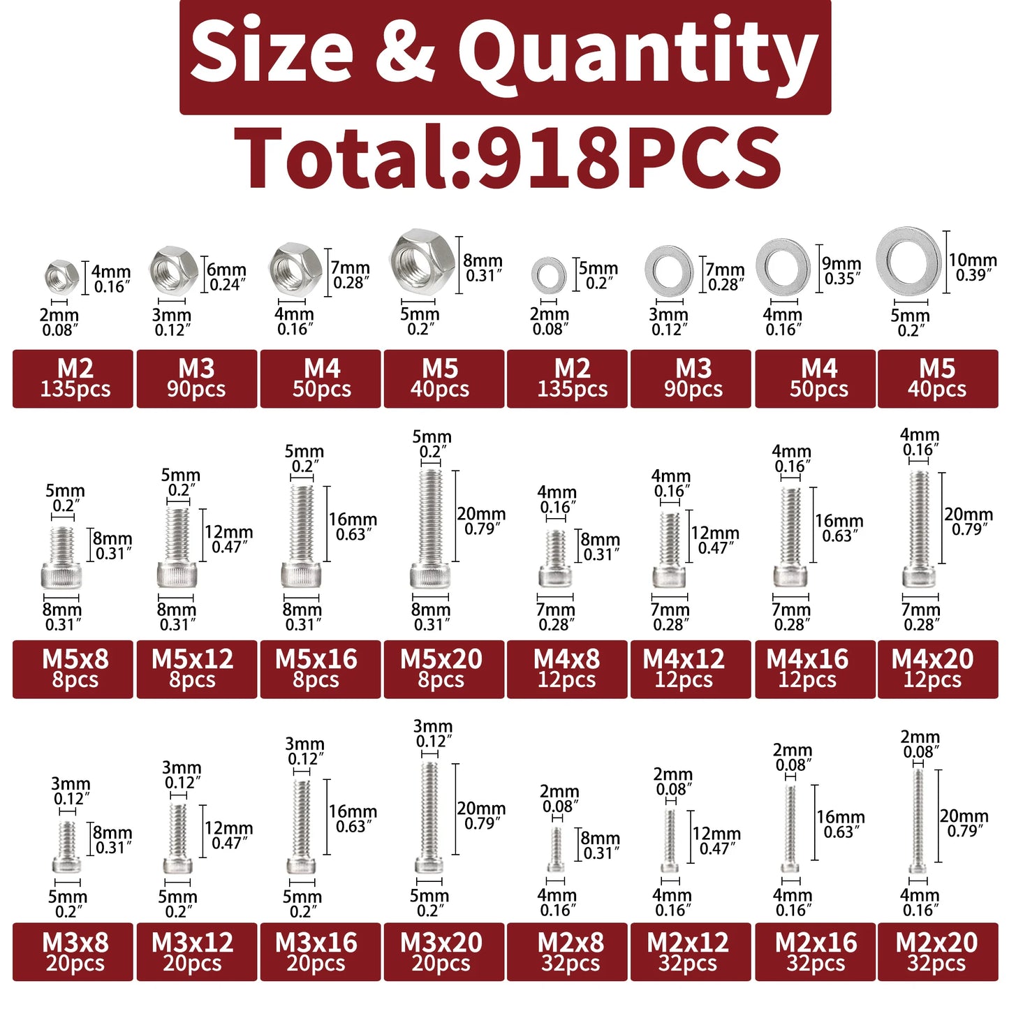 918pcs Stainless Steel Nuts & Bolts Kit – M2–M5 Hex Head Assortment Set