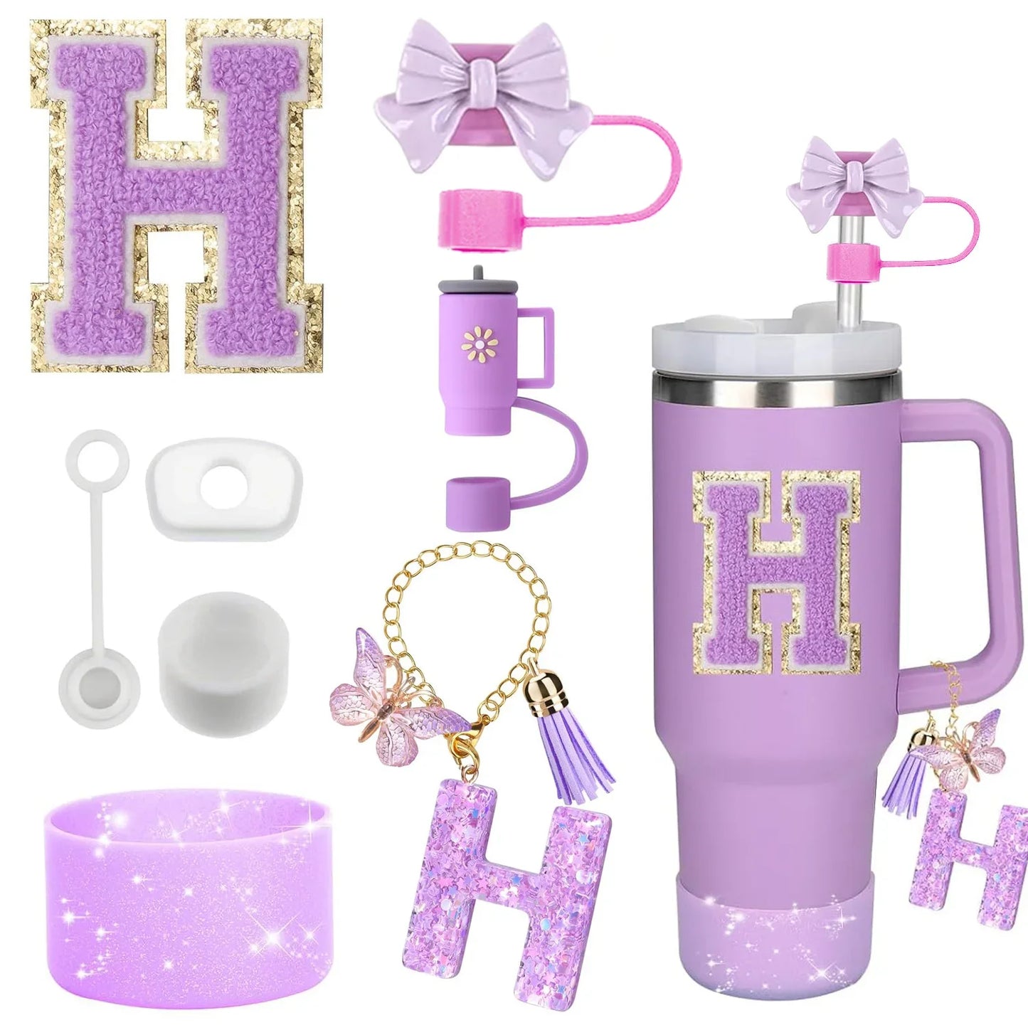 Purple Bliss 8-in-1 Stanley Cup Tumbler Accessory Set – Straw Topper, Boot, Handle, Charms & Stickers for 30oz/40oz Cups