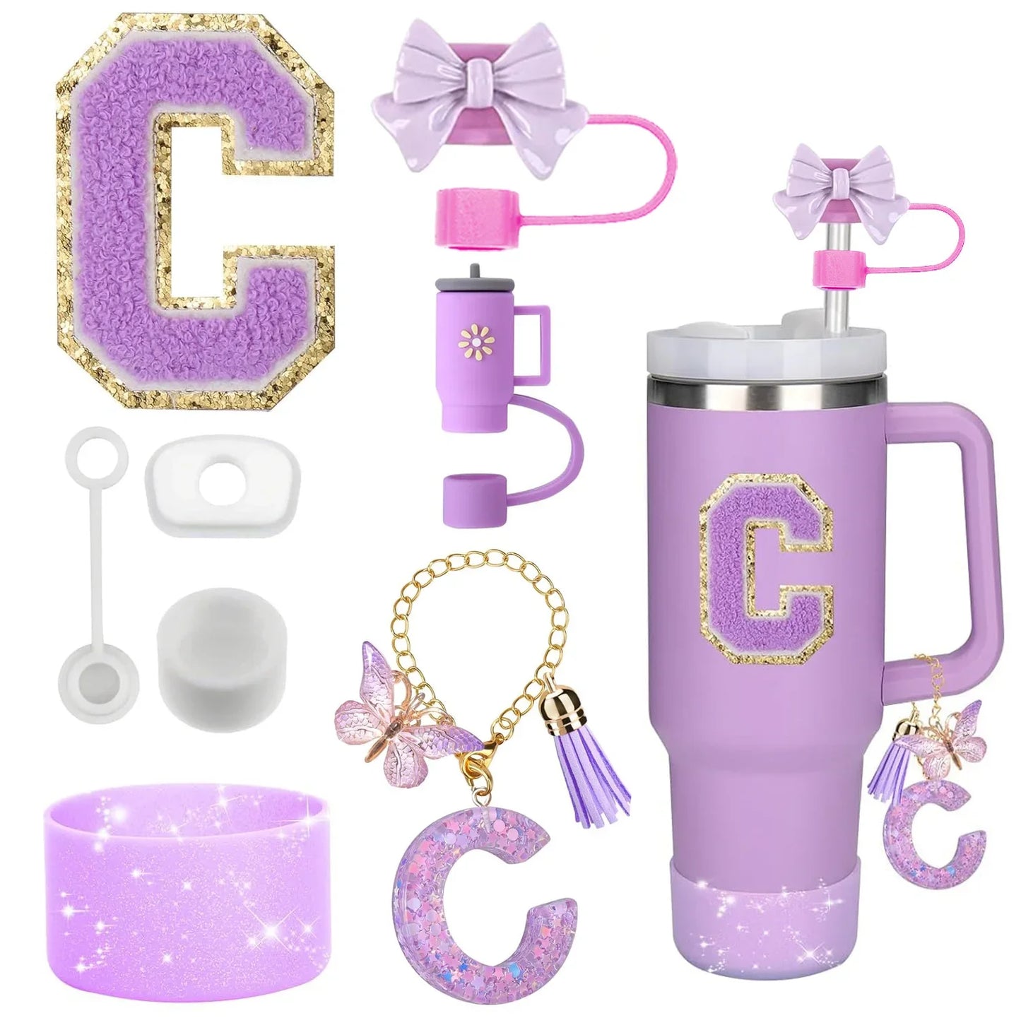 Purple Bliss 8-in-1 Stanley Cup Tumbler Accessory Set – Straw Topper, Boot, Handle, Charms & Stickers for 30oz/40oz Cups