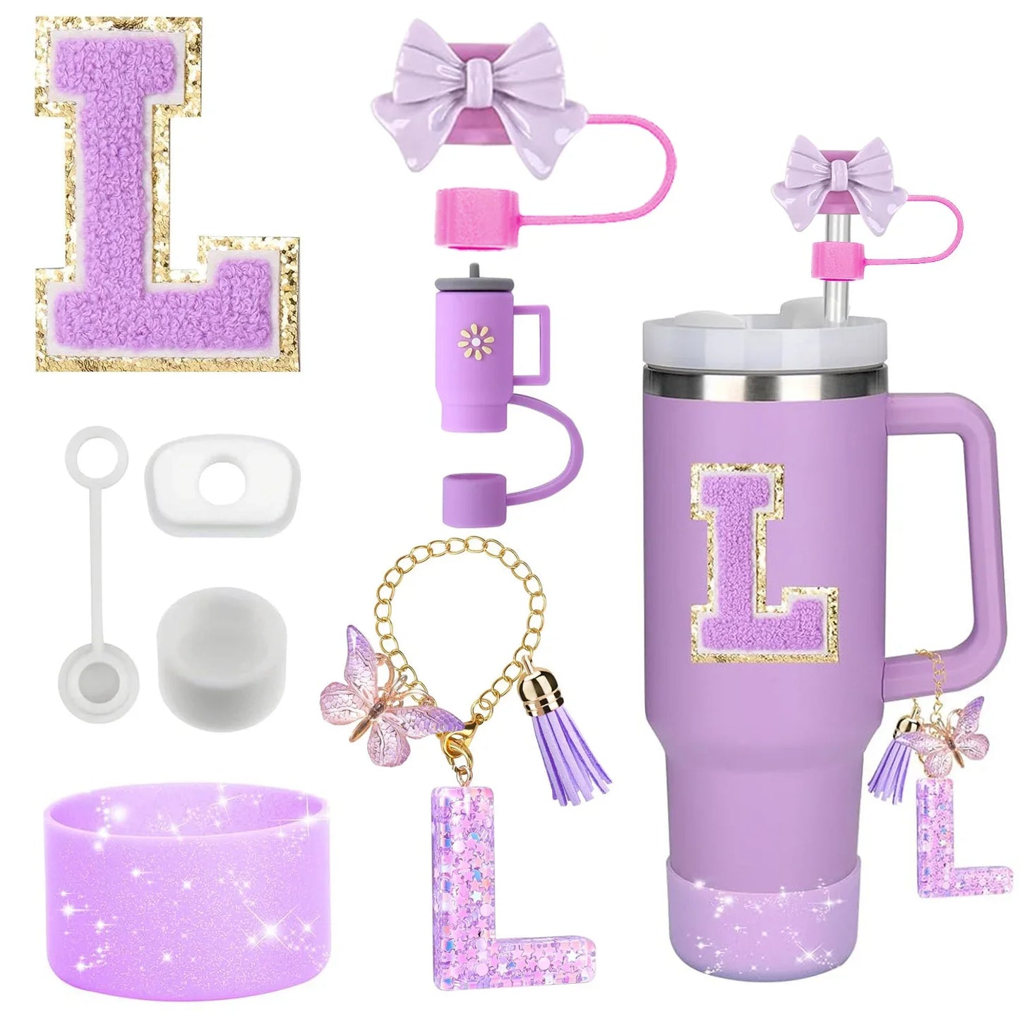 Purple Bliss 8-in-1 Stanley Cup Tumbler Accessory Set – Straw Topper, Boot, Handle, Charms & Stickers for 30oz/40oz Cups
