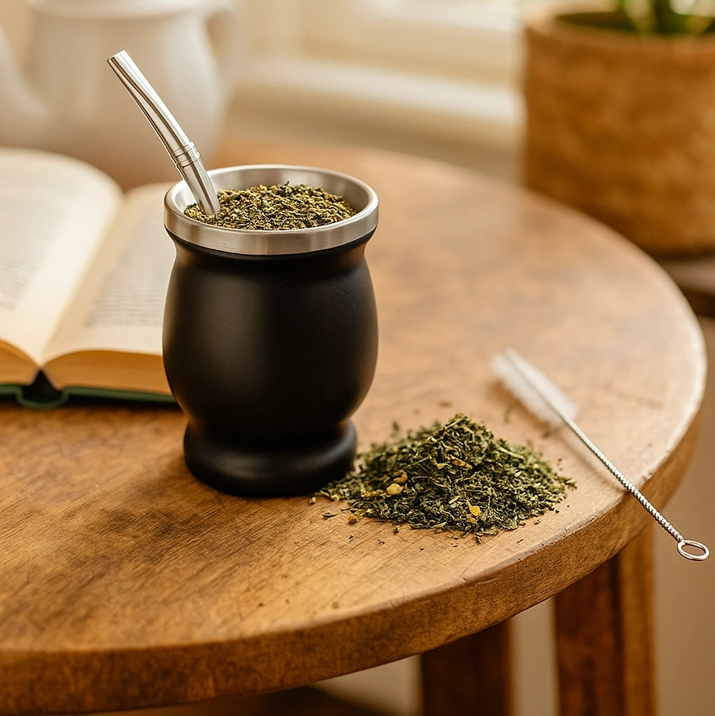 Black stainless steel yerba mate cup with bombilla and loose-leaf tea on wooden table