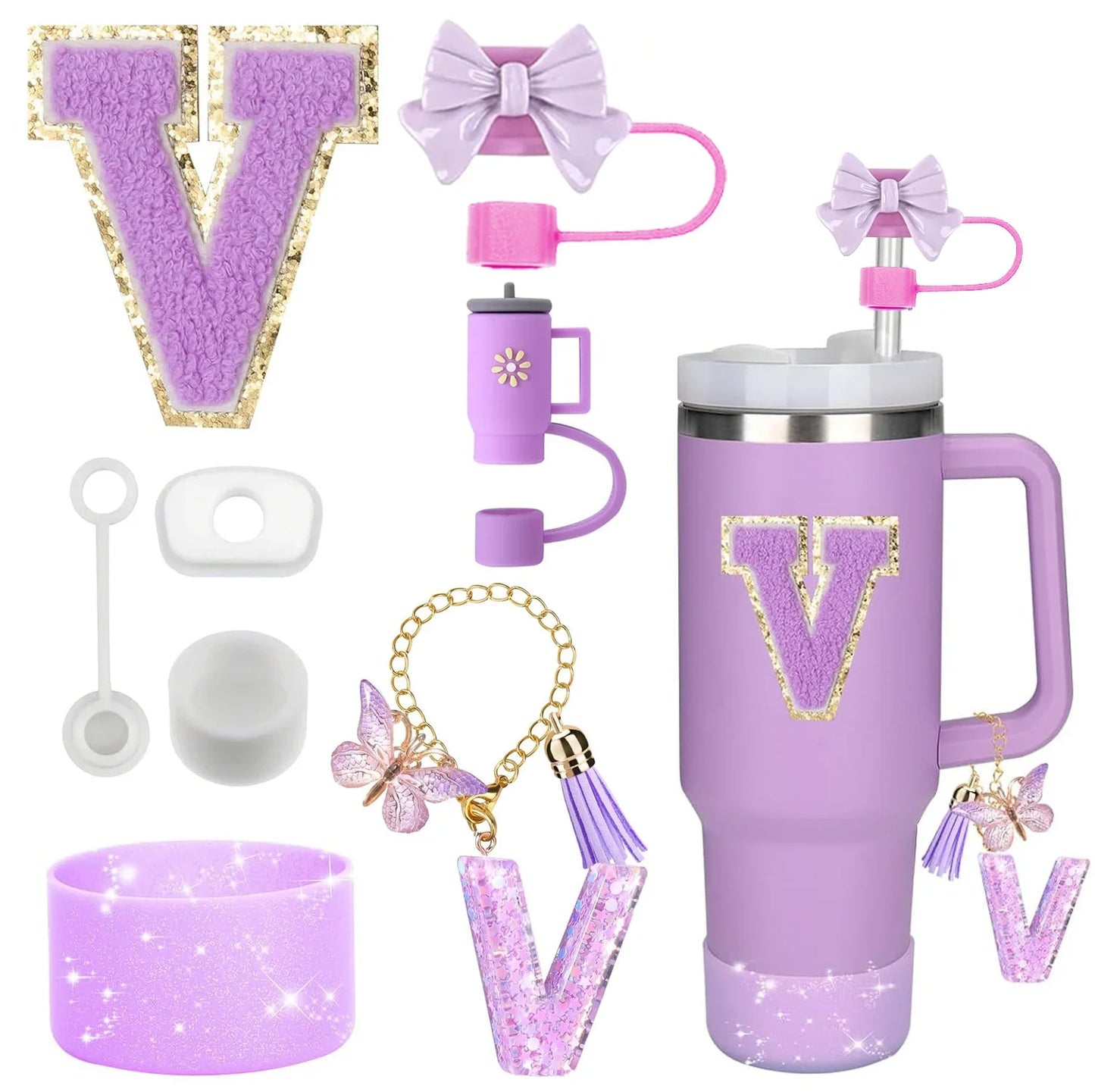 Purple Bliss 8-in-1 Stanley Cup Tumbler Accessory Set – Straw Topper, Boot, Handle, Charms & Stickers for 30oz/40oz Cups