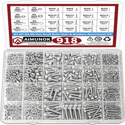 918pcs Stainless Steel Nuts & Bolts Kit – M2–M5 Hex Head Assortment Set