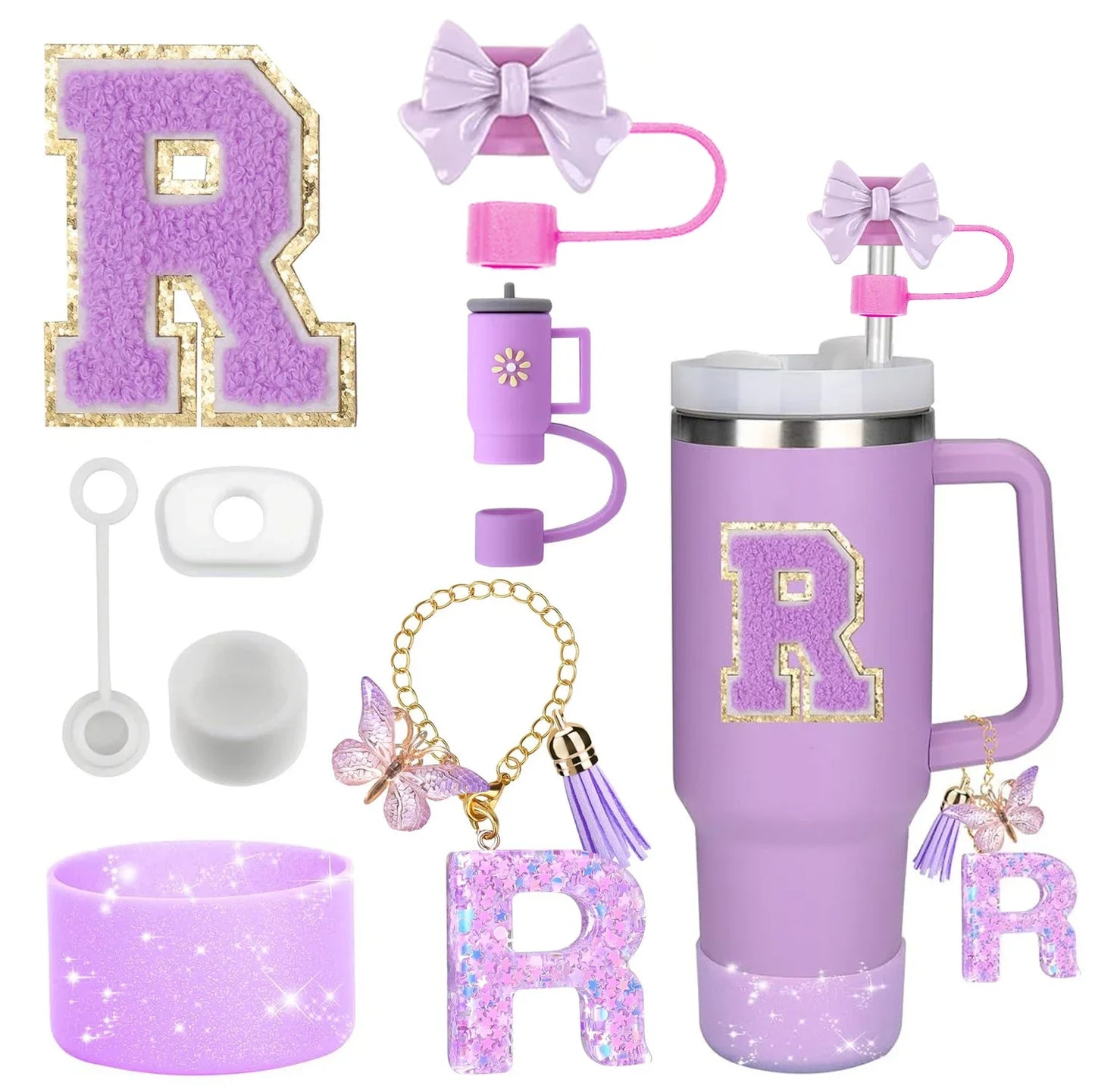 Purple Bliss 8-in-1 Stanley Cup Tumbler Accessory Set – Straw Topper, Boot, Handle, Charms & Stickers for 30oz/40oz Cups
