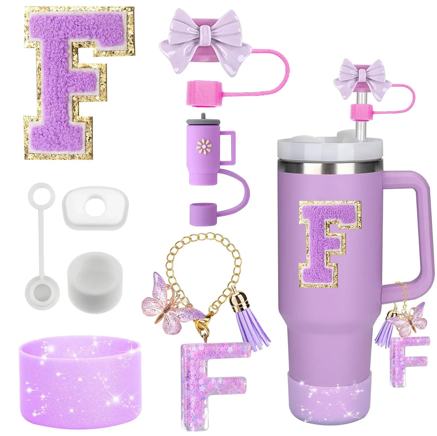 Purple Bliss 8-in-1 Stanley Cup Tumbler Accessory Set – Straw Topper, Boot, Handle, Charms & Stickers for 30oz/40oz Cups