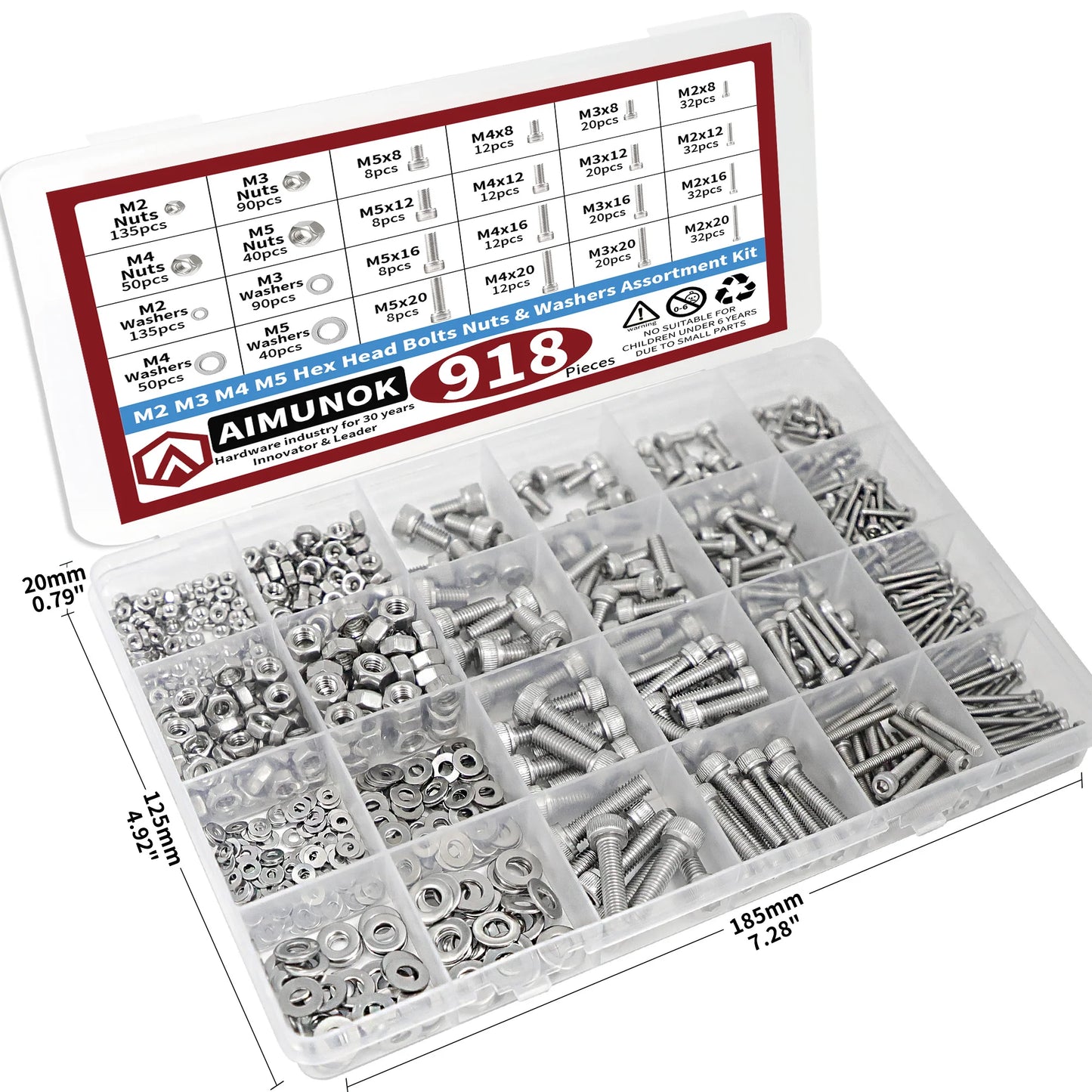 918pcs Stainless Steel Nuts & Bolts Kit – M2–M5 Hex Head Assortment Set
