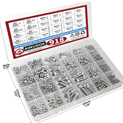 918pcs Stainless Steel Nuts & Bolts Kit – M2–M5 Hex Head Assortment Set