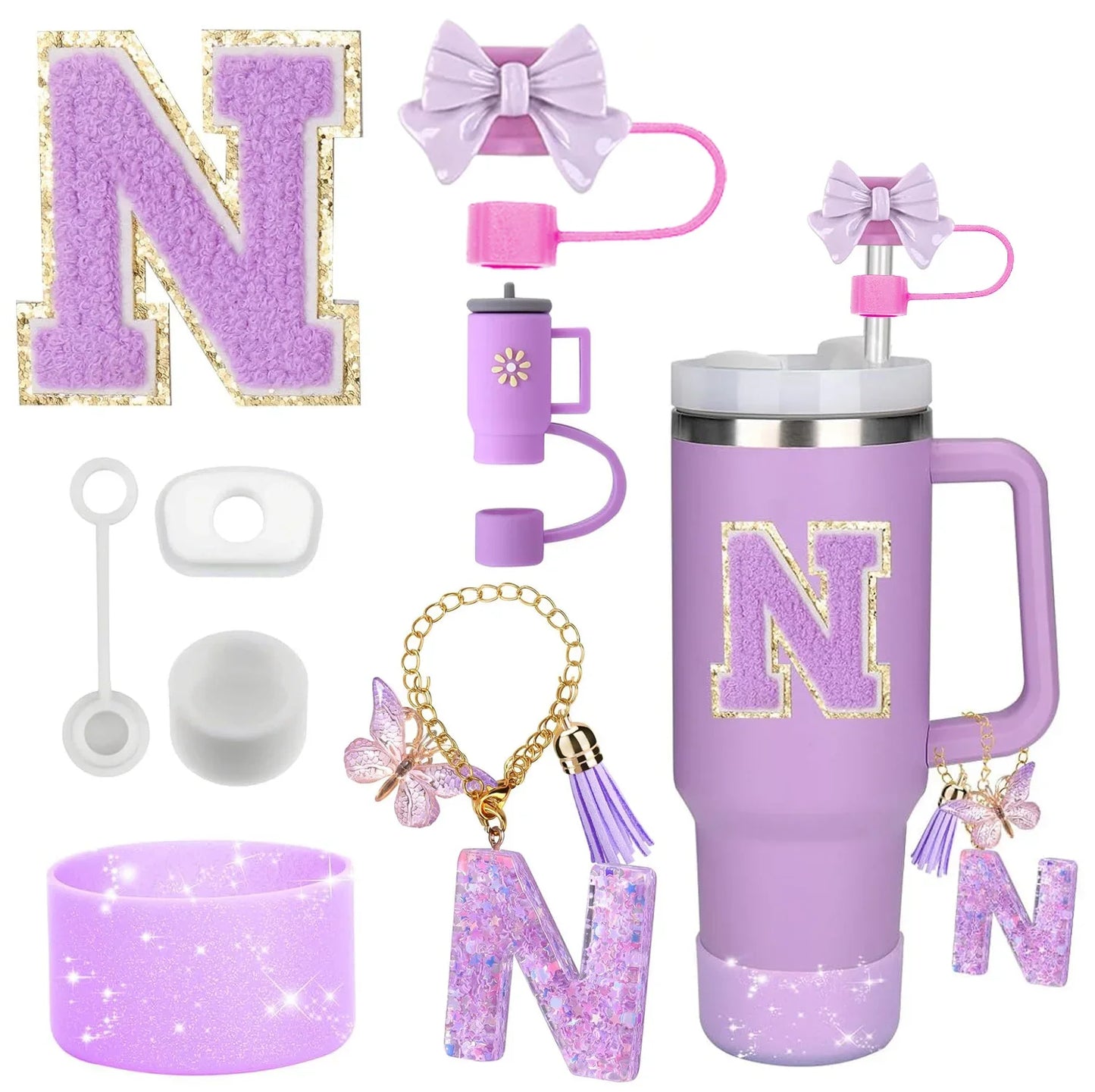 Purple Bliss 8-in-1 Stanley Cup Tumbler Accessory Set – Straw Topper, Boot, Handle, Charms & Stickers for 30oz/40oz Cups