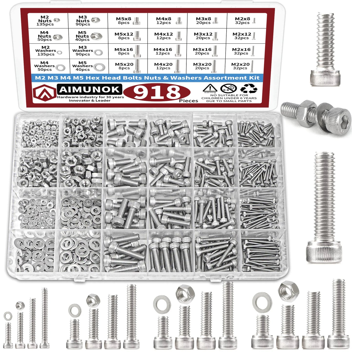 918pcs Stainless Steel Nuts & Bolts Kit – M2–M5 Hex Head Assortment Set