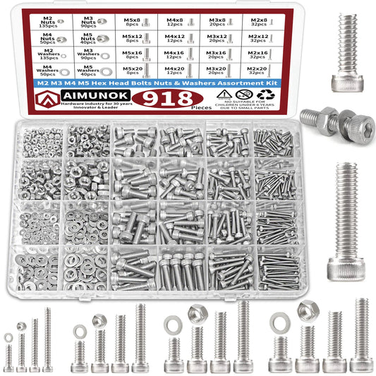 918pcs Stainless Steel Nuts & Bolts Kit – M2–M5 Hex Head Assortment Set