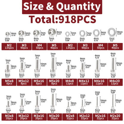 918pcs Stainless Steel Nuts & Bolts Kit – M2–M5 Hex Head Assortment Set