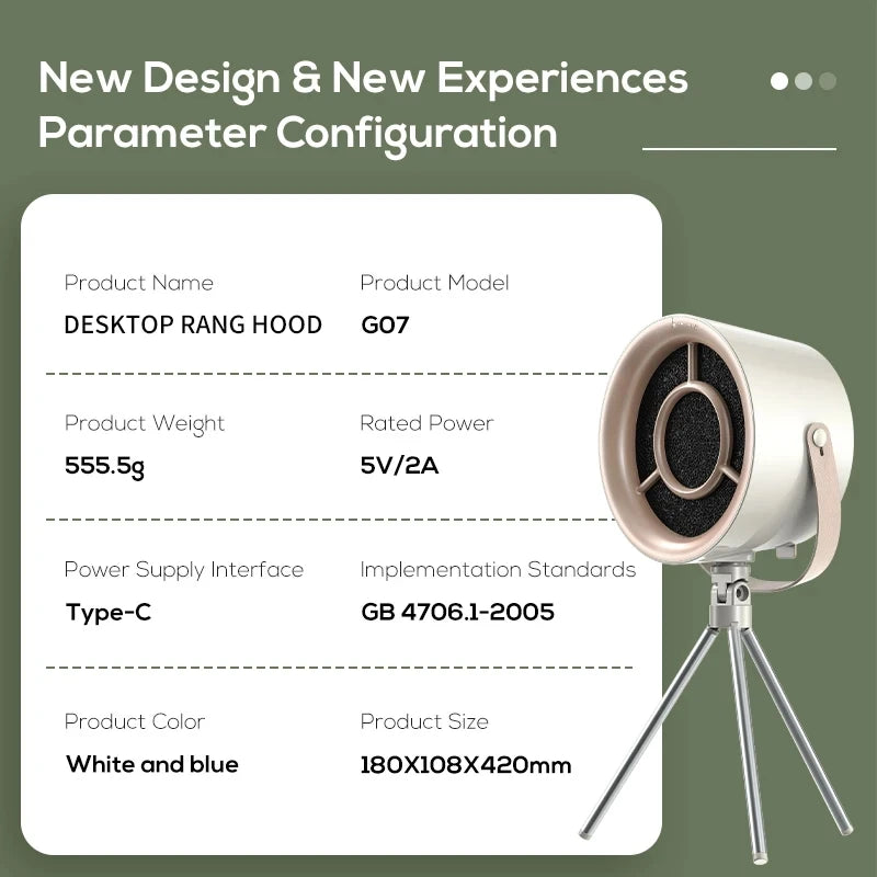 Portable Kitchen Exhaust Hood USB Powered | Mini Range Hood Extractor Fan | Small Desktop Cooker