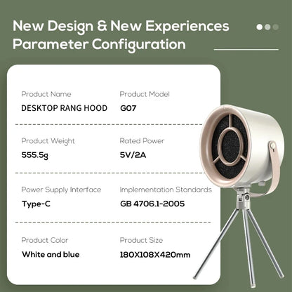 Portable Kitchen Exhaust Hood USB Powered | Mini Range Hood Extractor Fan | Small Desktop Cooker