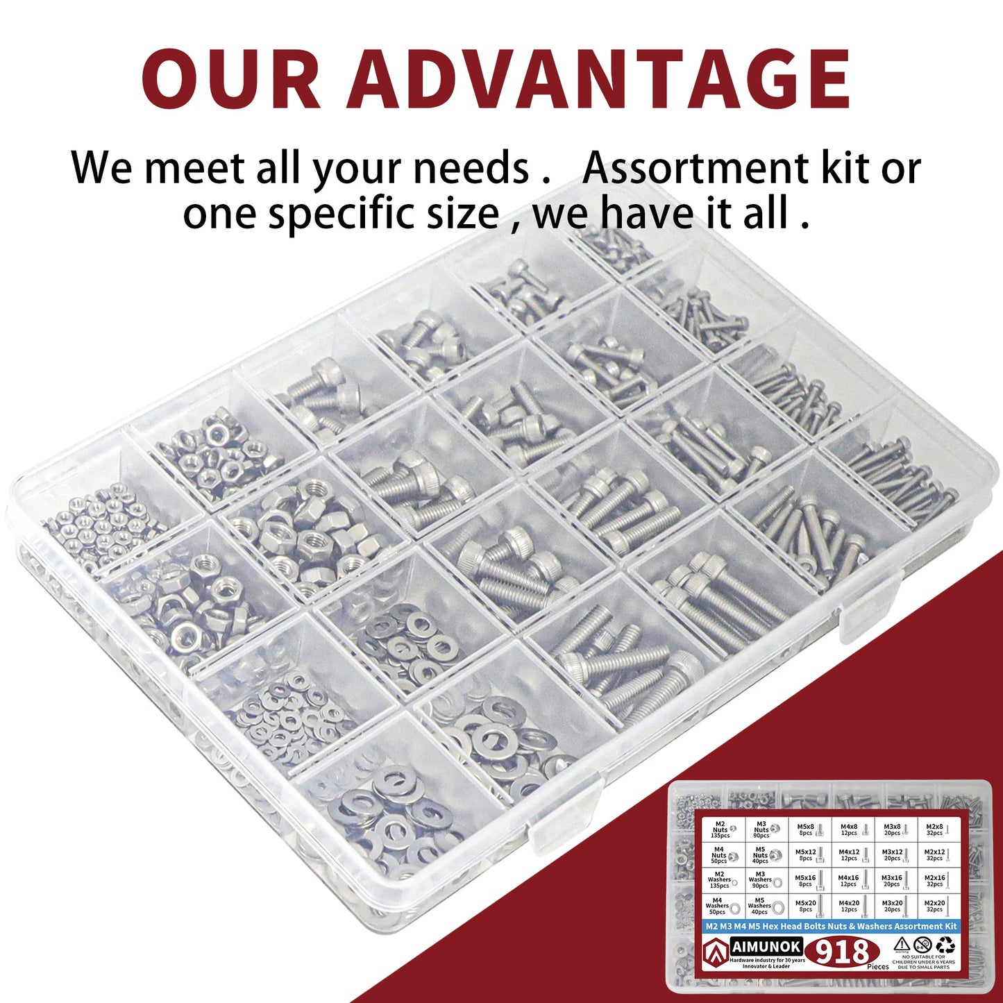 918pcs Stainless Steel Nuts & Bolts Kit – M2–M5 Hex Head Assortment Set