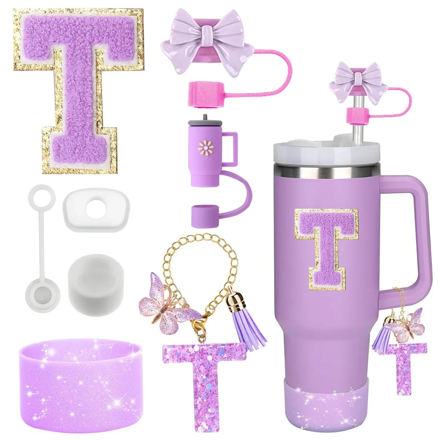 Purple Bliss 8-in-1 Stanley Cup Tumbler Accessory Set – Straw Topper, Boot, Handle, Charms & Stickers for 30oz/40oz Cups