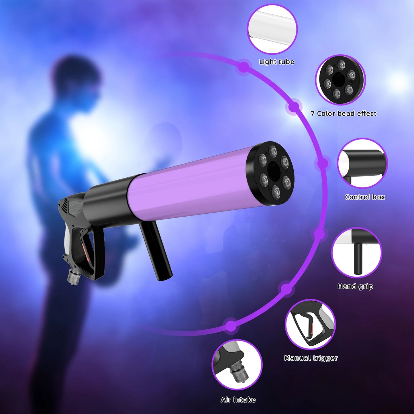 SpectraBlast LED RGB CO₂ Smoke Gun – Halloween Atmosphere Fog Cannon for Party & Stage Effects
