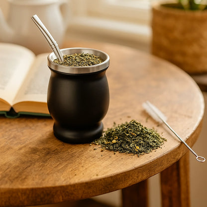 Black stainless steel yerba mate cup with bombilla and loose-leaf tea on wooden table
