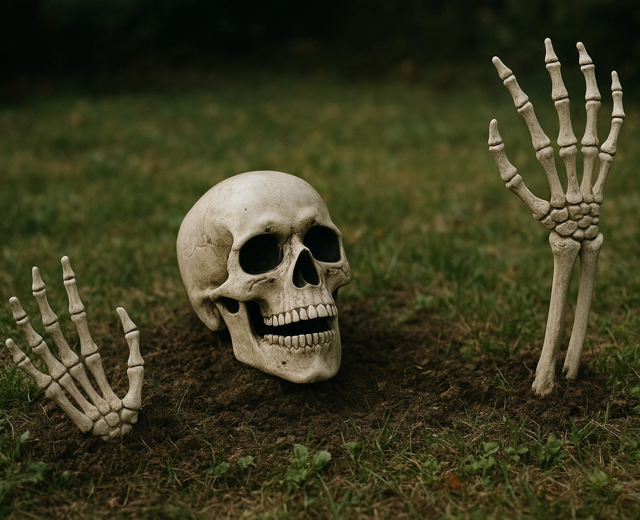 Halloween Skeleton Stakes – Realistic Skull & Bone Hands for Spooky Yard and Garden Décor